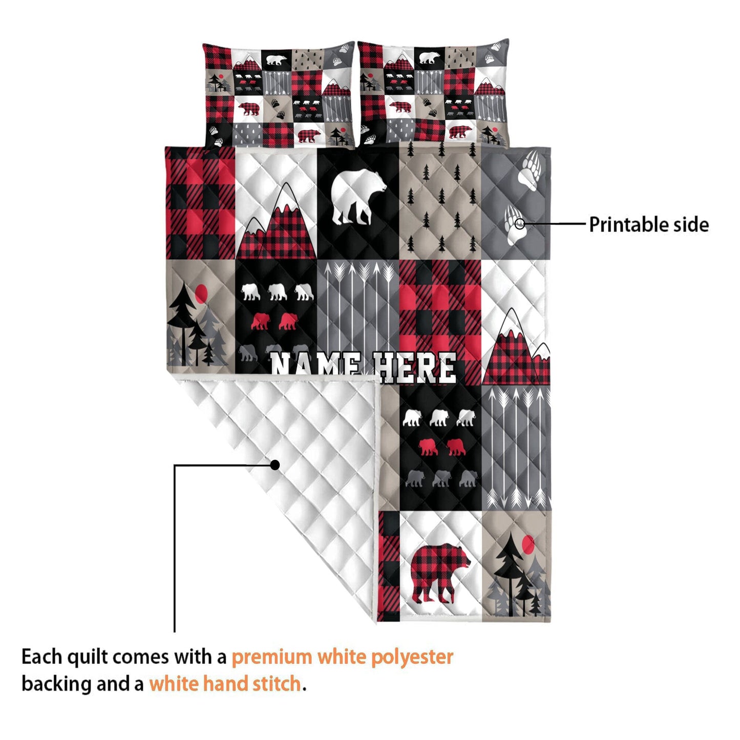 Personalized Christmas Quilt Set, Red Buffalo Plaid Quilt Blanket & Pillowcases, Bear Cabin Quilt Bedding Set, Xmas Bedspread, Custom Gifts