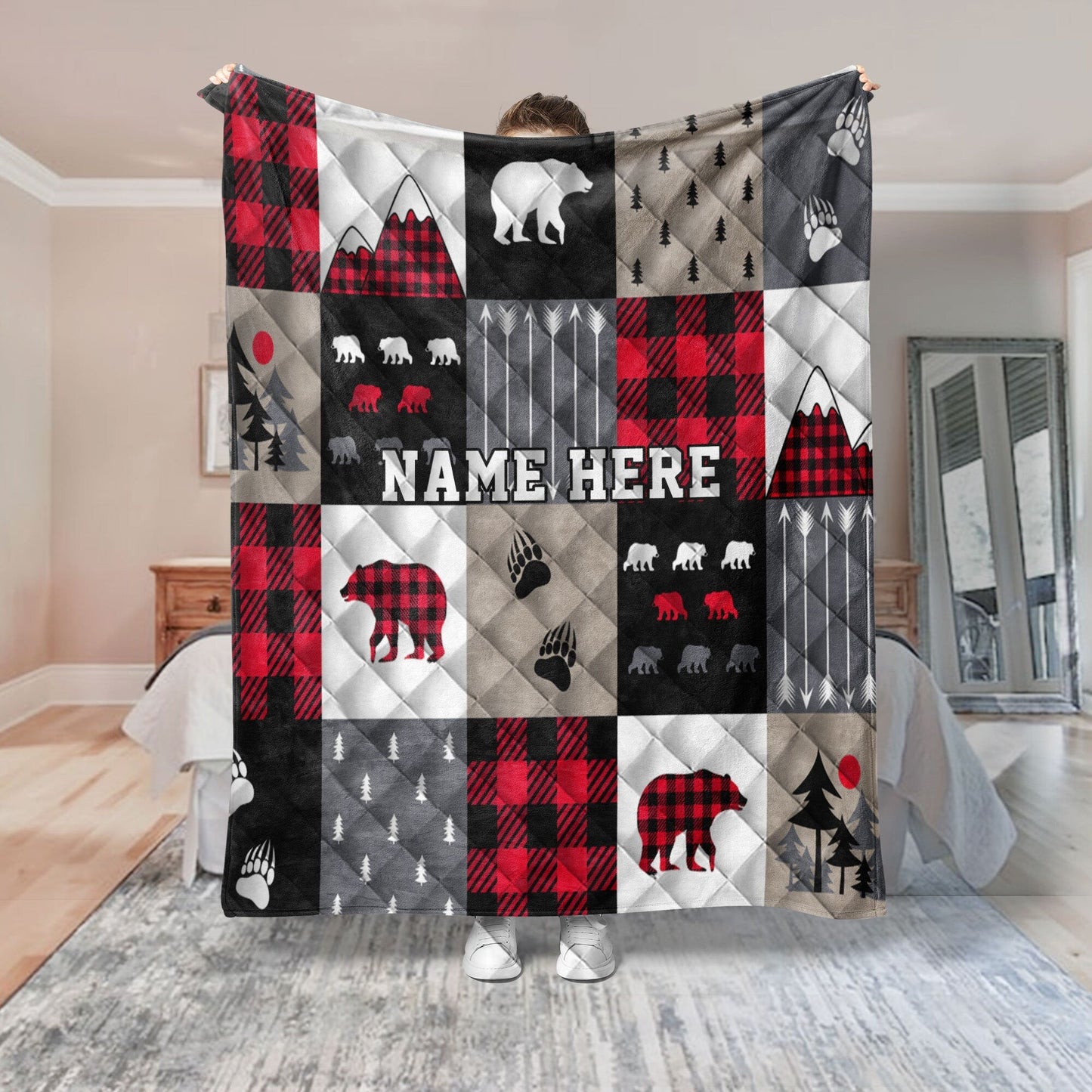 Personalized Christmas Quilt Set, Red Buffalo Plaid Quilt Blanket & Pillowcases, Bear Cabin Quilt Bedding Set, Xmas Bedspread, Custom Gifts