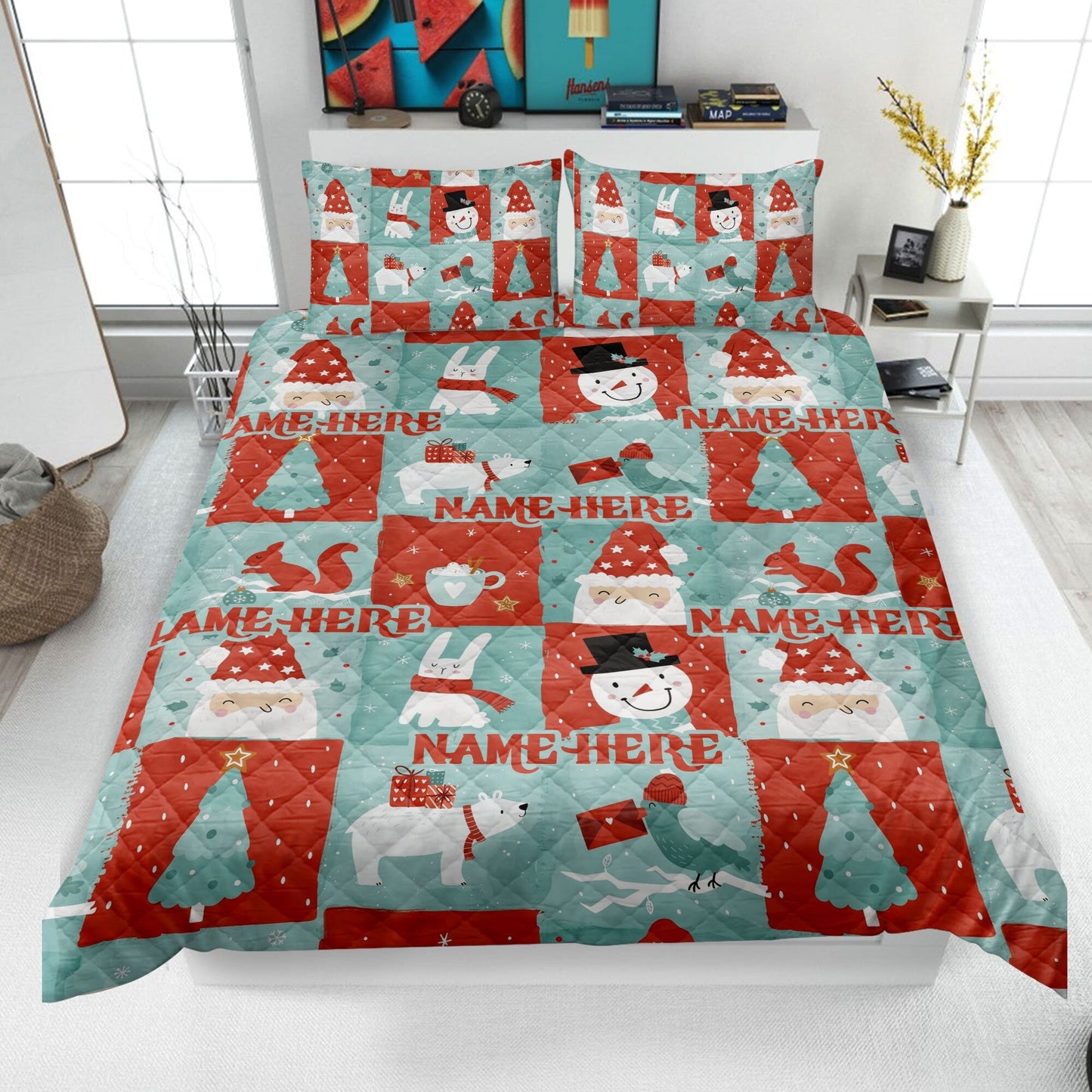Personalized Christmas Quilt Set, Xmas Snowman Santa Pattern Quilt Blanket & Pillowcases, Custom Name Quilt Bedding Set, Christmas Gift