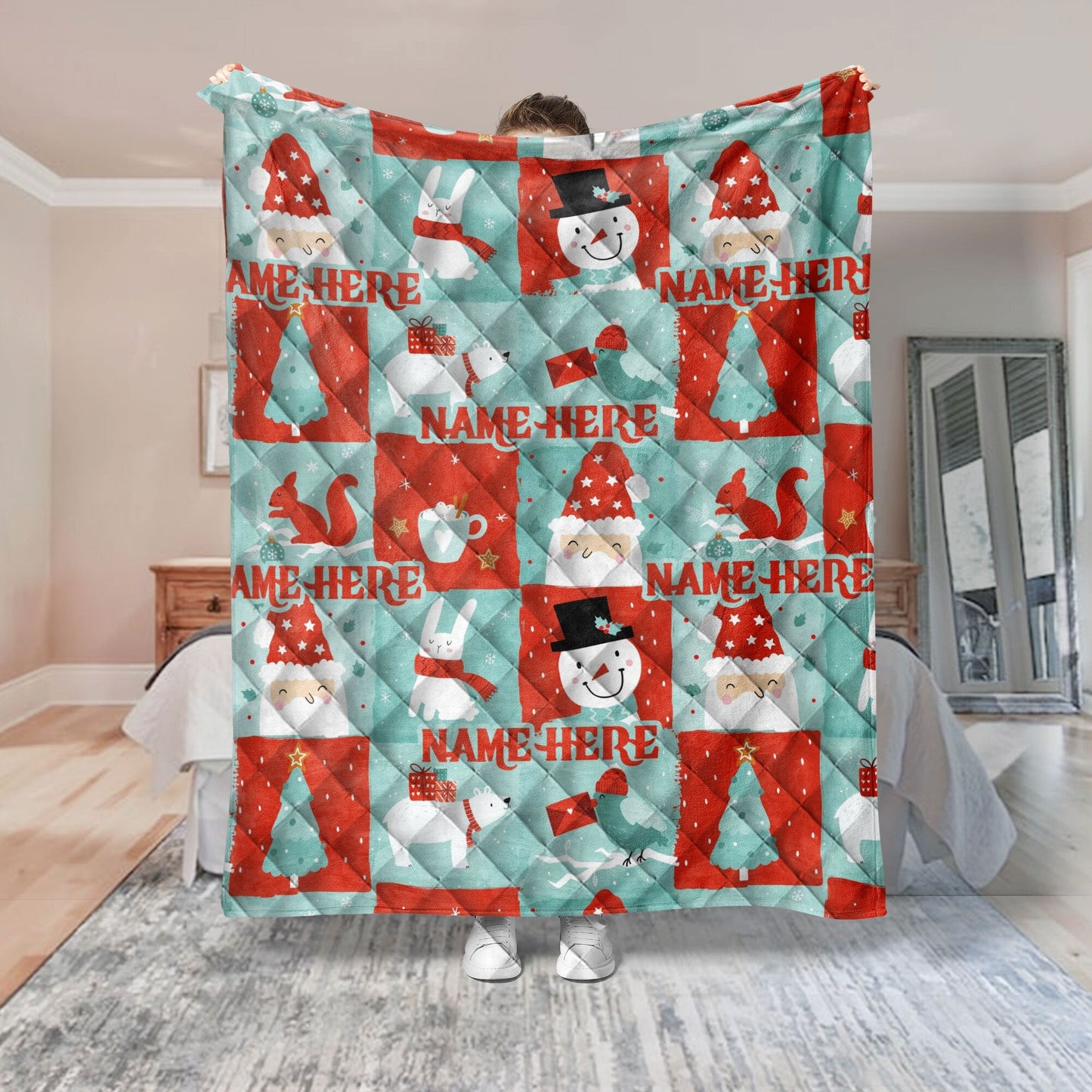 Personalized Christmas Quilt Set, Xmas Snowman Santa Pattern Quilt Blanket & Pillowcases, Custom Name Quilt Bedding Set, Christmas Gift