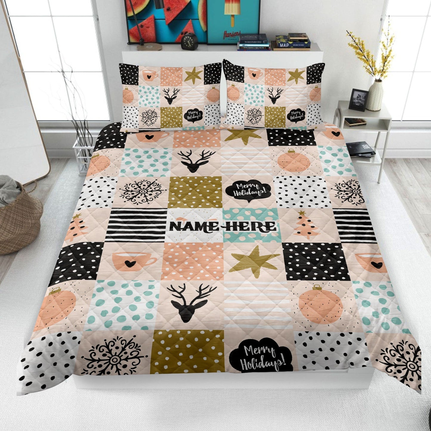 Personalized Christmas Quilt Set, Xmas Reindeer Holiday Pattern Quilt Blanket & Pillowcases, Custom Name Quilt Bedding Set, Christmas Gift