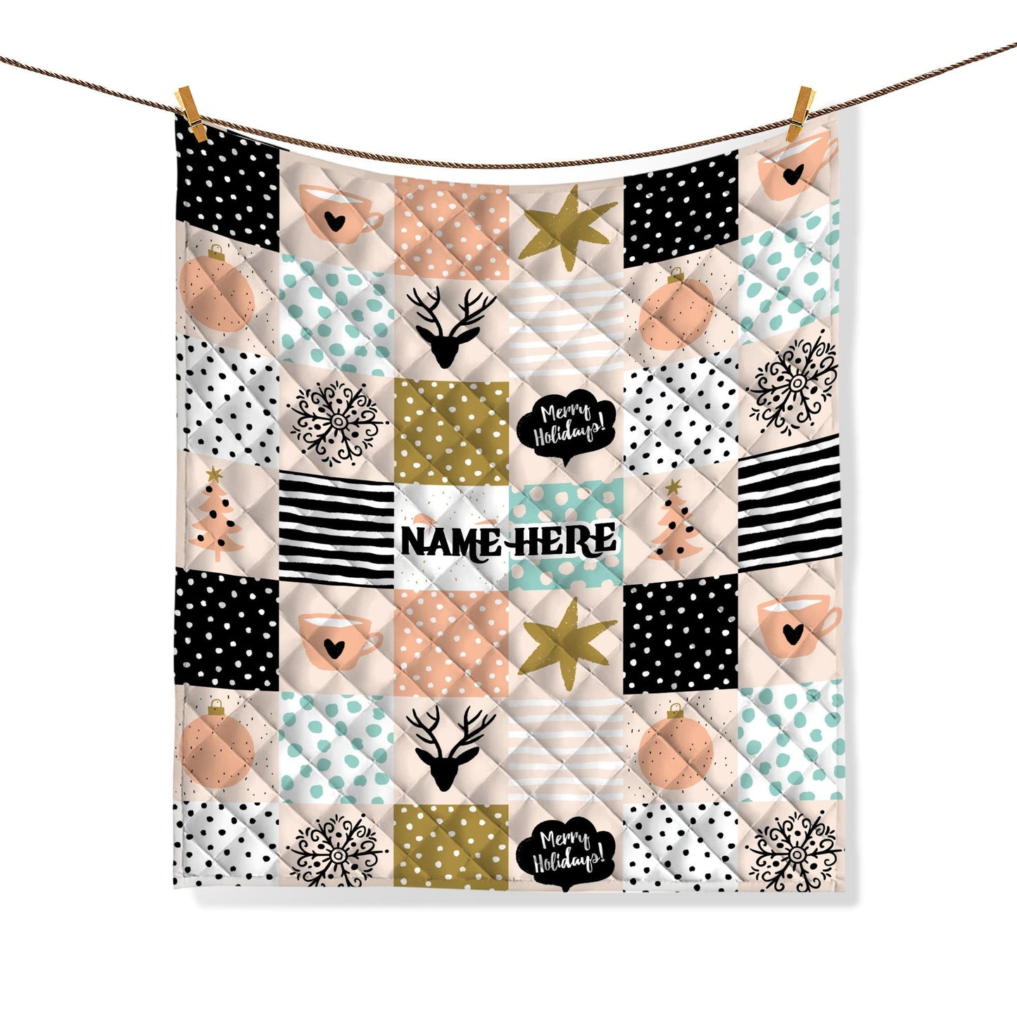 Personalized Christmas Quilt Set, Xmas Reindeer Holiday Pattern Quilt Blanket & Pillowcases, Custom Name Quilt Bedding Set, Christmas Gift