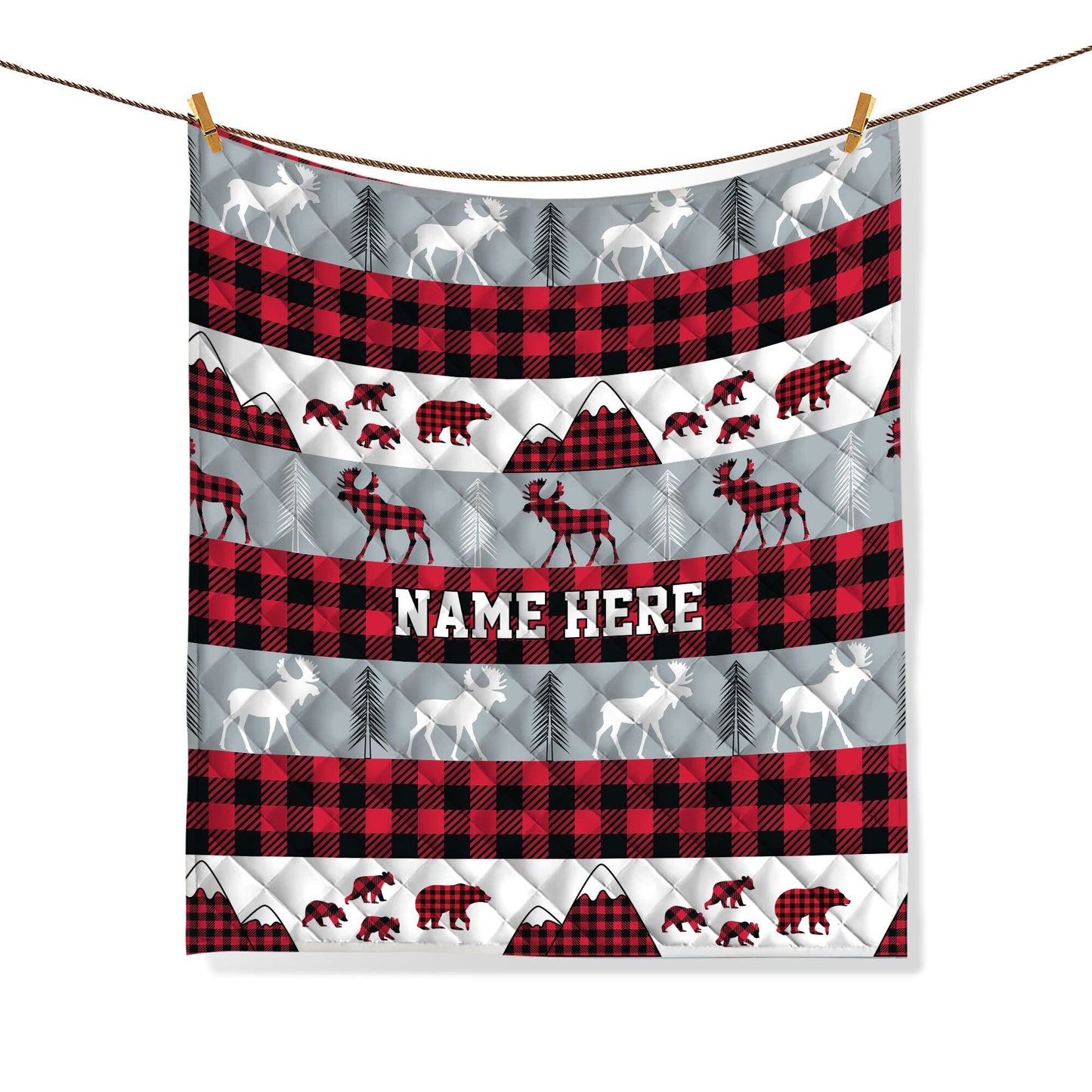 Personalized Christmas Quilt Set, Custom Red Buffalo Plaid Quilt Blanket & Pillowcases, Rustic Moose Bear Quilt Bedding Set, Christmas Gift