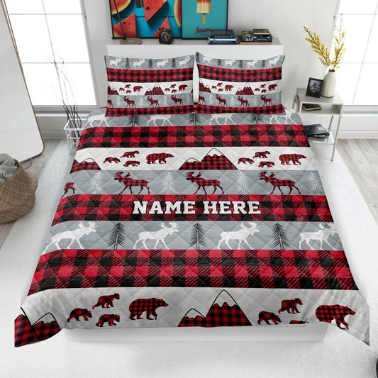 Personalized Christmas Quilt Set, Custom Red Buffalo Plaid Quilt Blanket & Pillowcases, Rustic Moose Bear Quilt Bedding Set, Christmas Gift