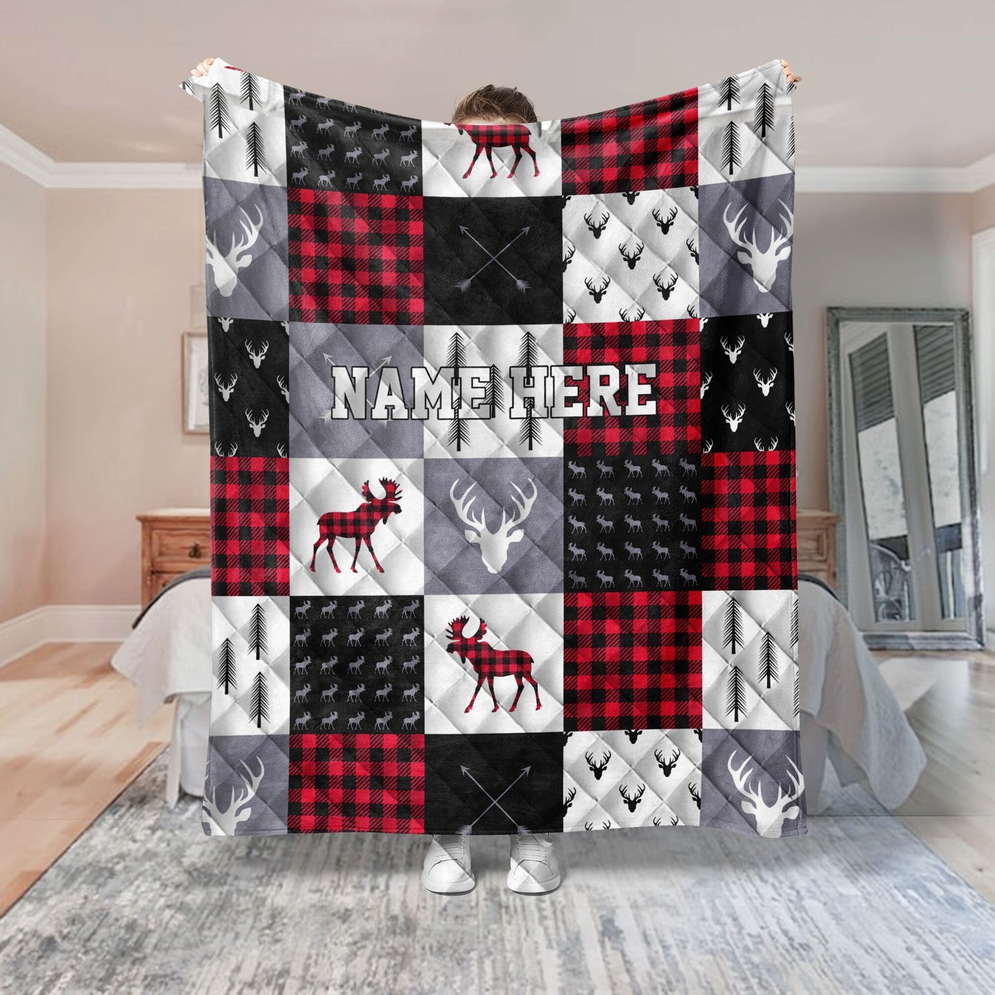 Personalized Christmas Deer Quilt Set, Red Buffalo Plaid Quilt Blanket & Pillowcases, Elk Quilt Bedding Set, Xmas Bedspread, Custom Gifts