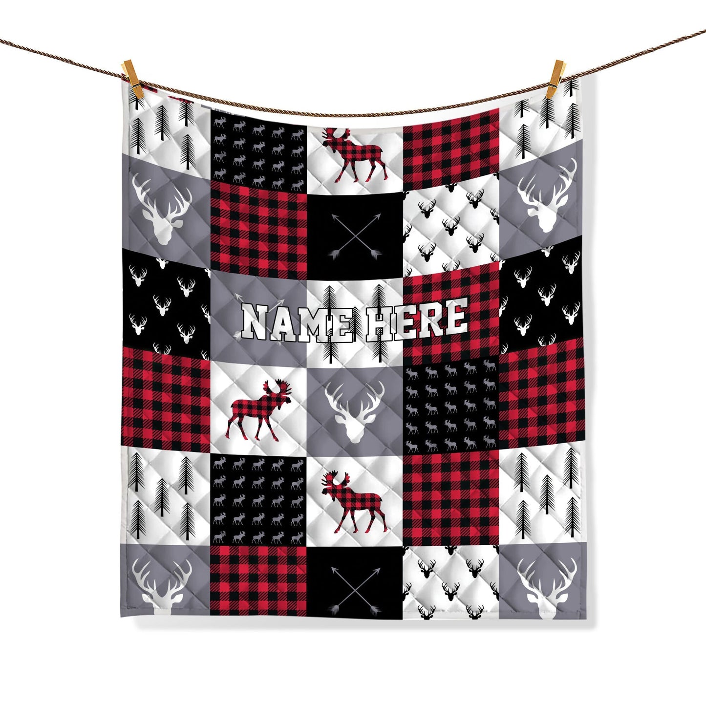 Personalized Christmas Deer Quilt Set, Red Buffalo Plaid Quilt Blanket & Pillowcases, Elk Quilt Bedding Set, Xmas Bedspread, Custom Gifts