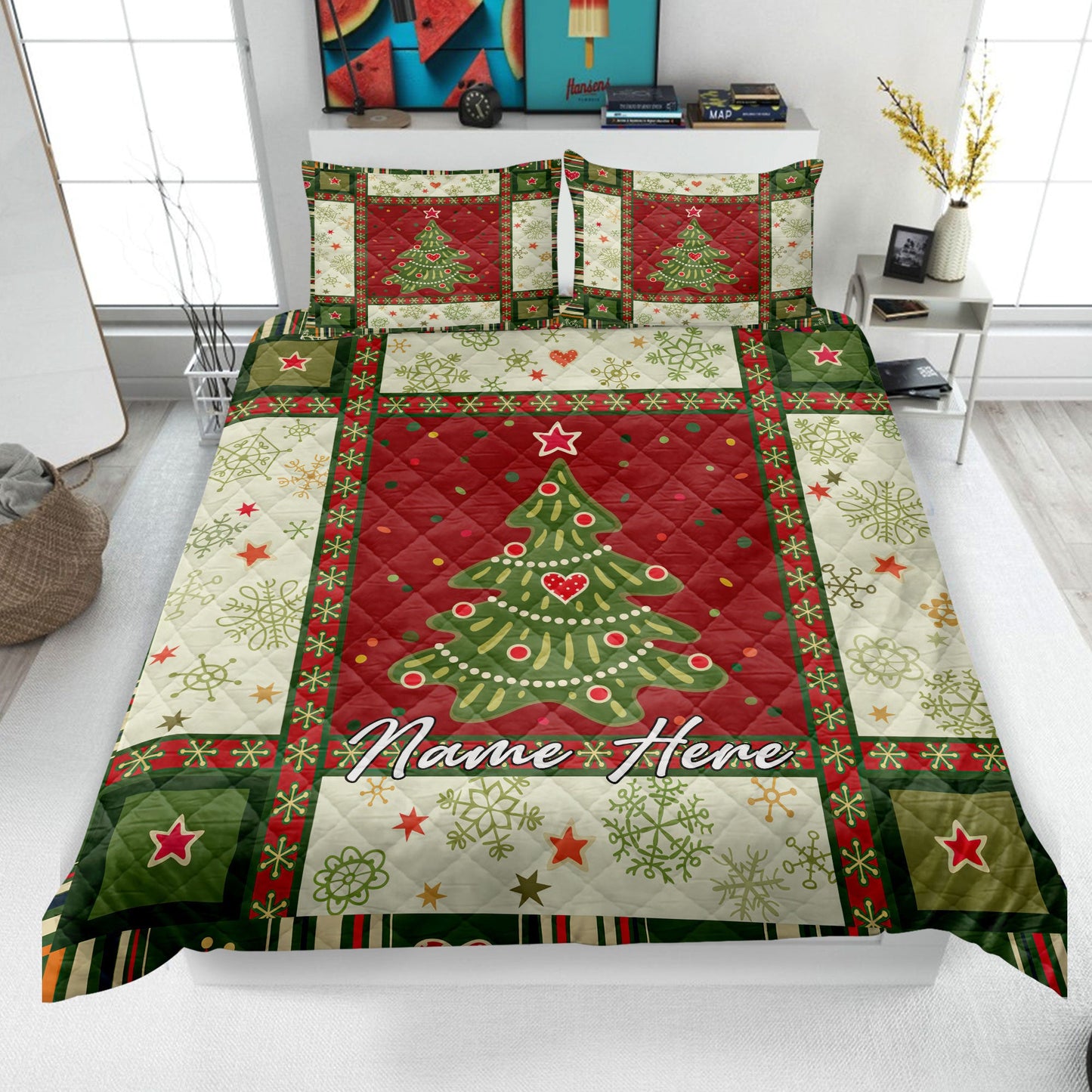 Personalized Christmas Patchwork Quilt Set, Xmas Tree Quilt Blanket & Pillowcases, Custom Name Quilt Bedding Set, Bedspread, Christmas Gift