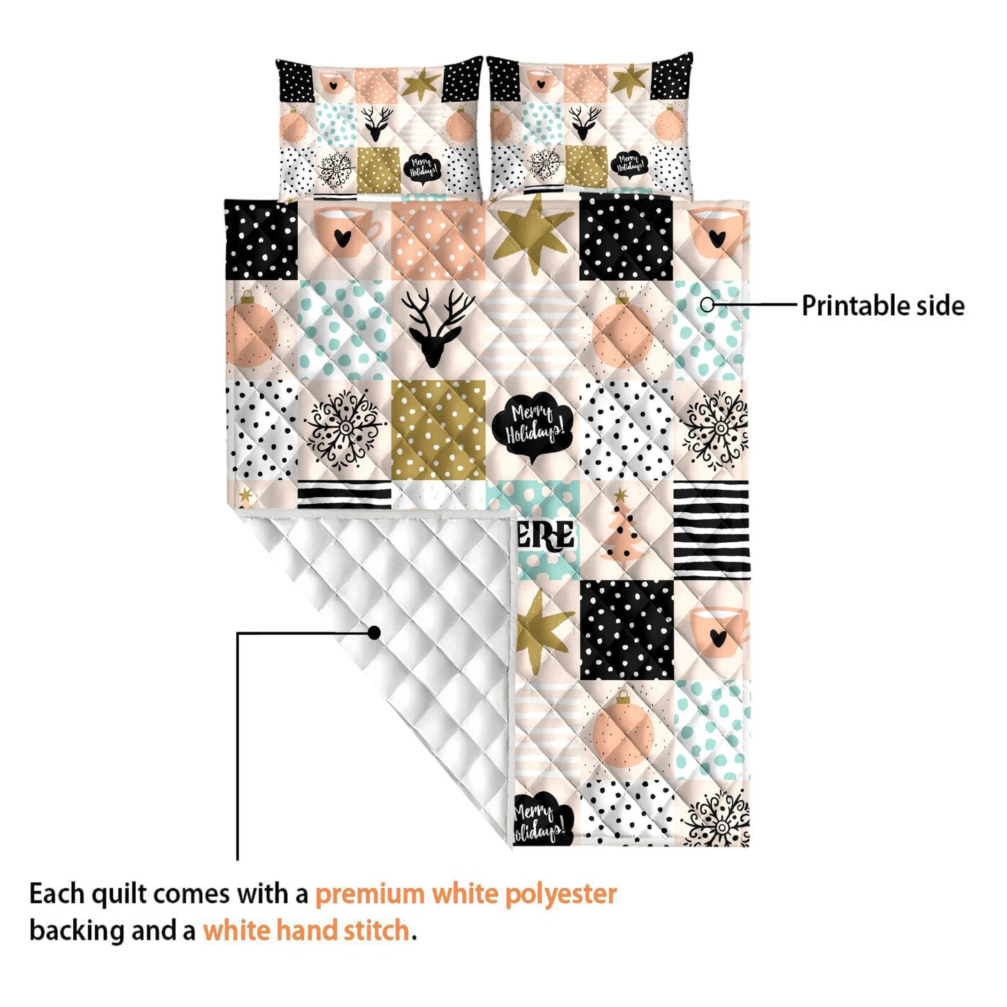 Personalized Christmas Quilt Set, Xmas Reindeer Holiday Pattern Quilt Blanket & Pillowcases, Custom Name Quilt Bedding Set, Christmas Gift