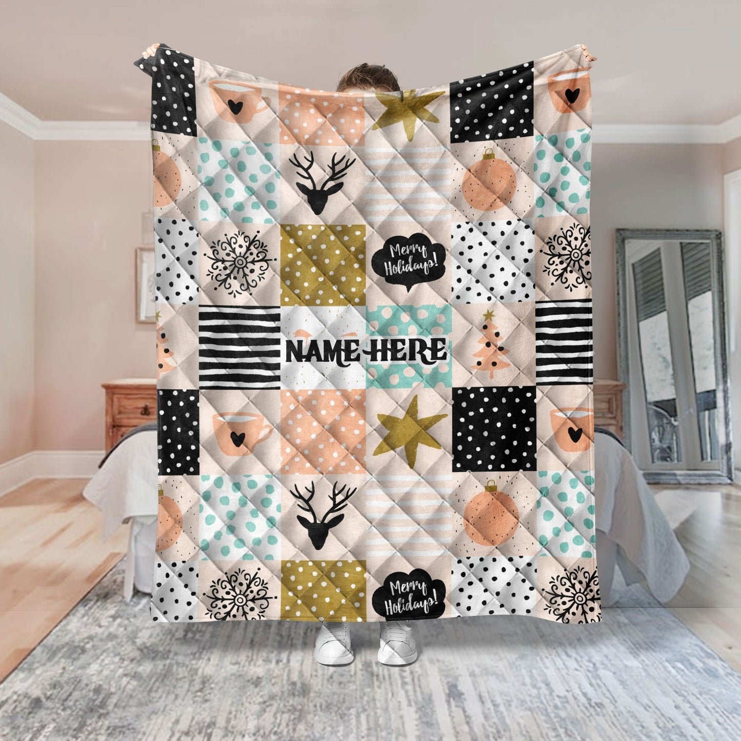 Personalized Christmas Quilt Set, Xmas Reindeer Holiday Pattern Quilt Blanket & Pillowcases, Custom Name Quilt Bedding Set, Christmas Gift