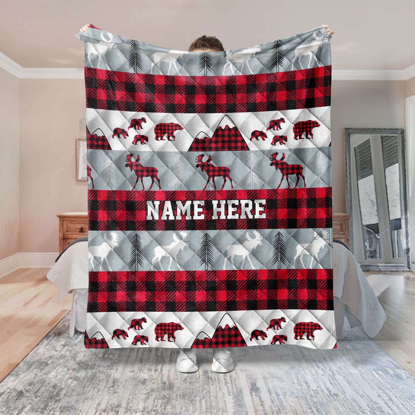 Personalized Christmas Quilt Set, Custom Red Buffalo Plaid Quilt Blanket & Pillowcases, Rustic Moose Bear Quilt Bedding Set, Christmas Gift