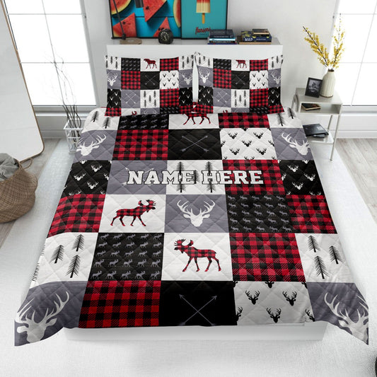 Personalized Christmas Deer Quilt Set, Red Buffalo Plaid Quilt Blanket & Pillowcases, Elk Quilt Bedding Set, Xmas Bedspread, Custom Gifts
