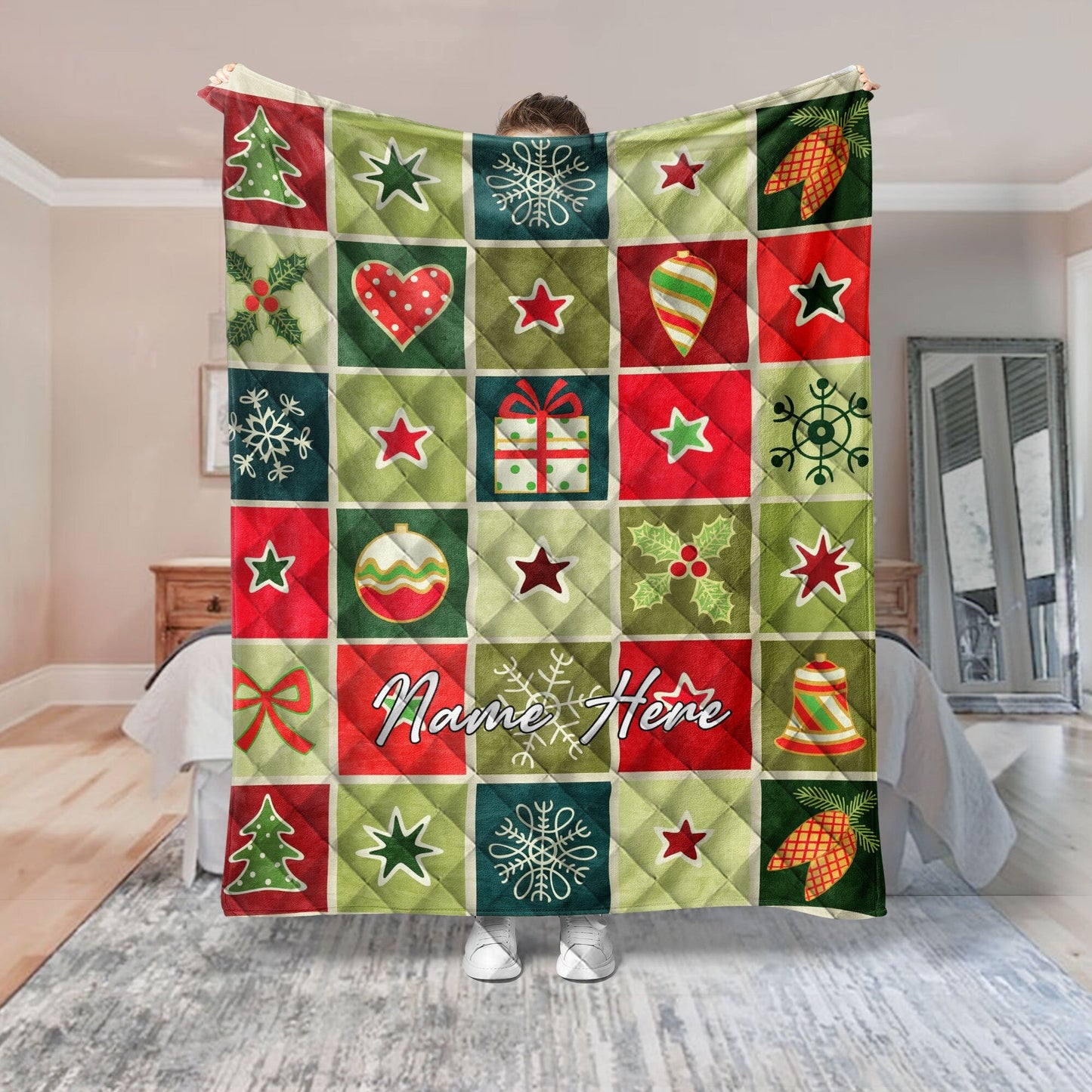 Personalized Christmas Patchwork Quilt Set, Xmas Quilt Blanket & Pillowcases, Custom Name Quilt Bedding Set, Bedspread, Christmas Gift