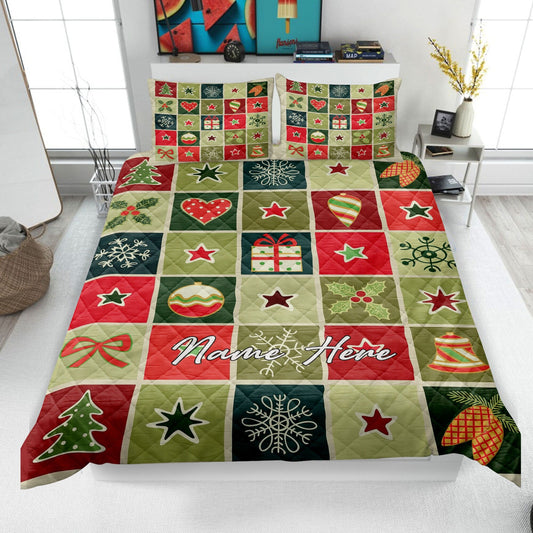 Personalized Christmas Patchwork Quilt Set, Xmas Quilt Blanket & Pillowcases, Custom Name Quilt Bedding Set, Bedspread, Christmas Gift