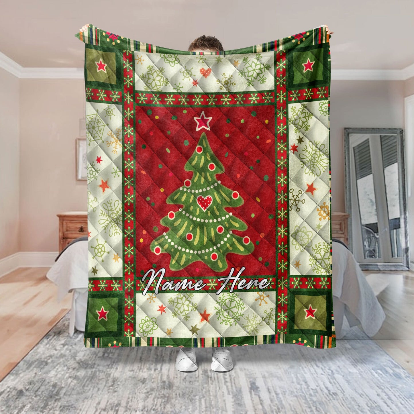 Personalized Christmas Patchwork Quilt Set, Xmas Tree Quilt Blanket & Pillowcases, Custom Name Quilt Bedding Set, Bedspread, Christmas Gift