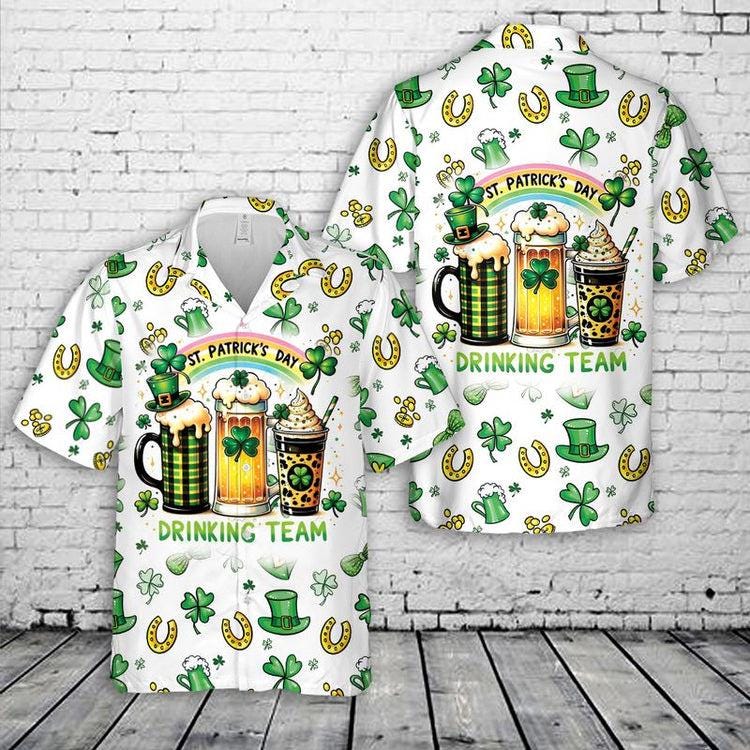 Happy St Patricks Day Hawaiian Shirt, Green Clover Gold Coins Button Up Shirt, Green Leprechaun Hat Beer Shirt, Irish Drinking Team Gifts