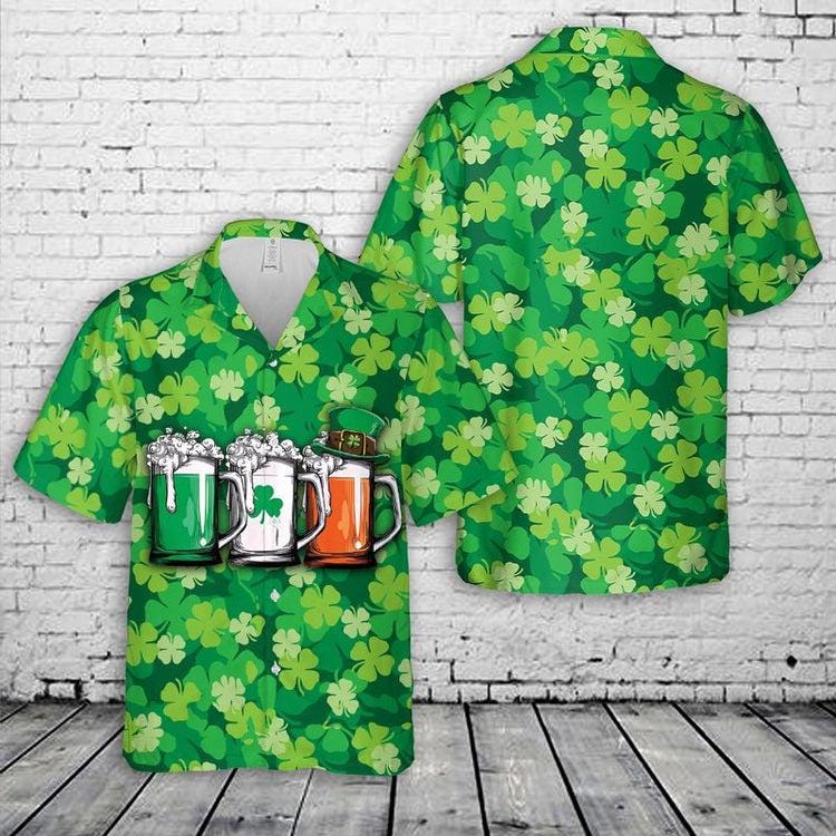 Happy St Patricks Day Hawaiian Shirt, Green Clover Gold Coins Button Up Shirt, Green Leprechaun Hat Beer Shirt, Irish Drinking Team Gifts