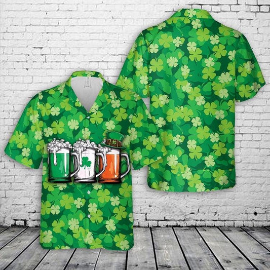 Happy St Patricks Day Hawaiian Shirt, Green Clover Gold Coins Button Up Shirt, Green Leprechaun Hat Beer Shirt, Irish Drinking Team Gifts