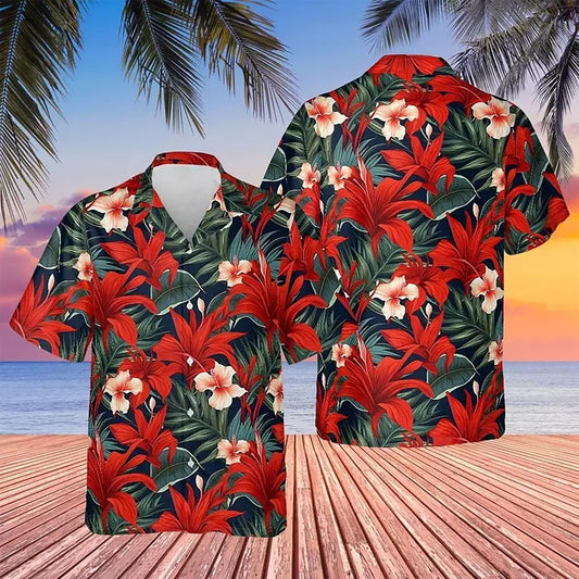 Red Tropical Flowers Hawaiian shirt, Floral Print Vintage Summer Hawaii shirt, Hawaii Aloha Beach Plus Size Cool Button Up Shirt