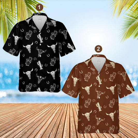 Retro Western Cowboy Cowgirl Hawaiian Shirt, Western Desert Cow Skull Cactus Button Up Shirt, Western Aloha Shirt, Howdy Summer Shirt