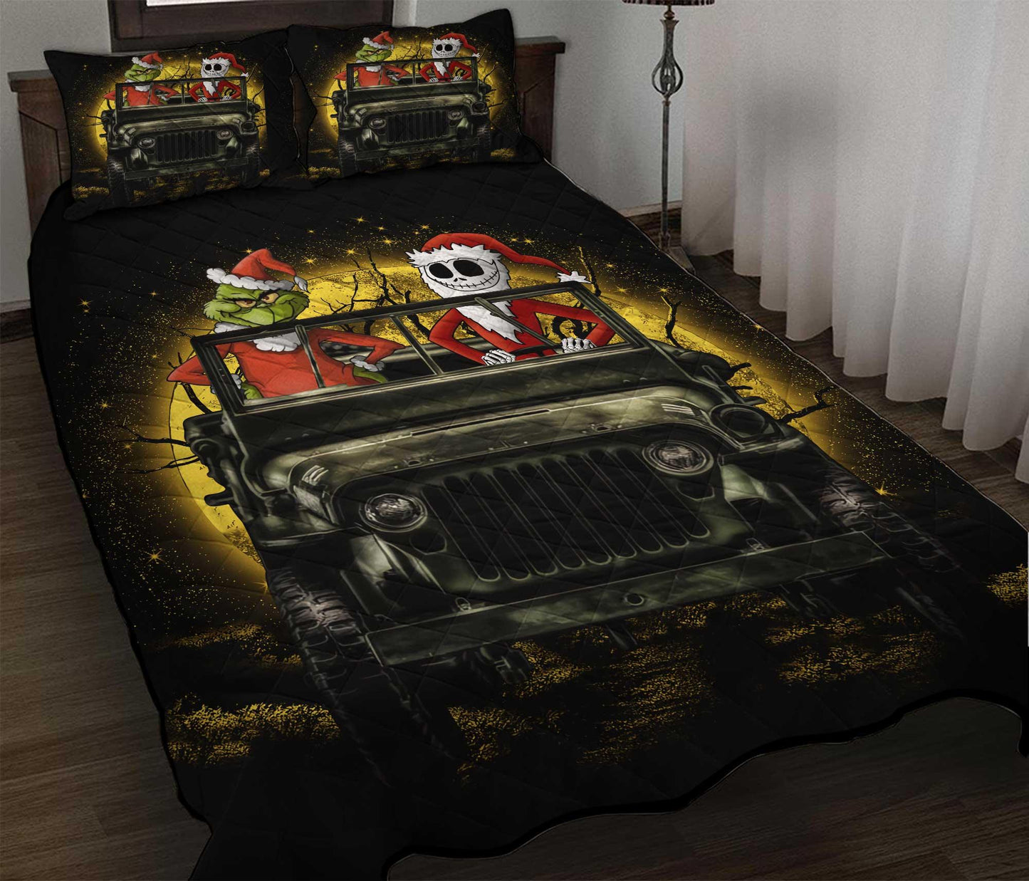 Personalized Jack Skellington Grinch Moonlight Halloween 3-pc Quilt Bedding Set