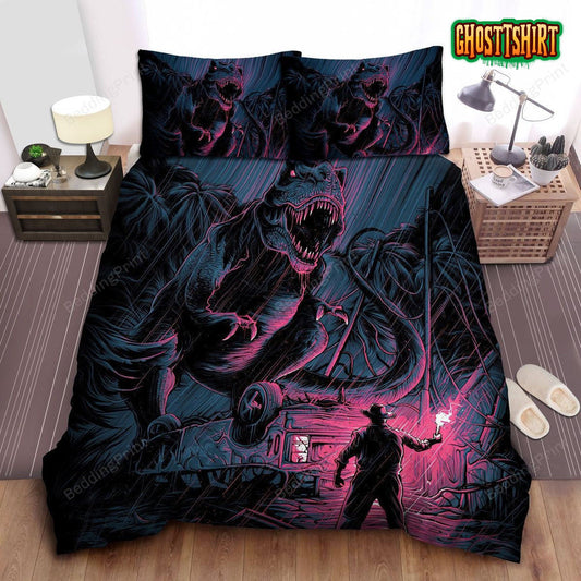 Jurassic Park Man Vs T-Rex Modern Art Drawing Bed Sheets Duvet Cover Bedding Set