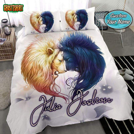 Lion Couple Heart White Personalized Custom Name Duvet Cover Bedding Set