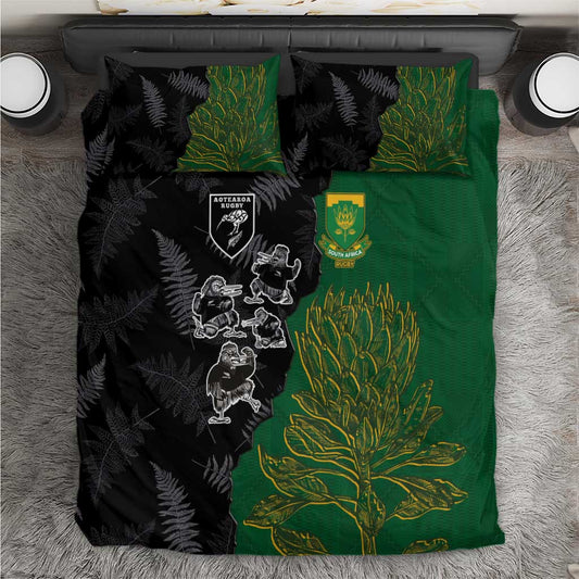 Aotearoa South Africa Rugby Freedom Cup Bedding Set Kiwi Warriors Haka with King Protea Symbol LT03