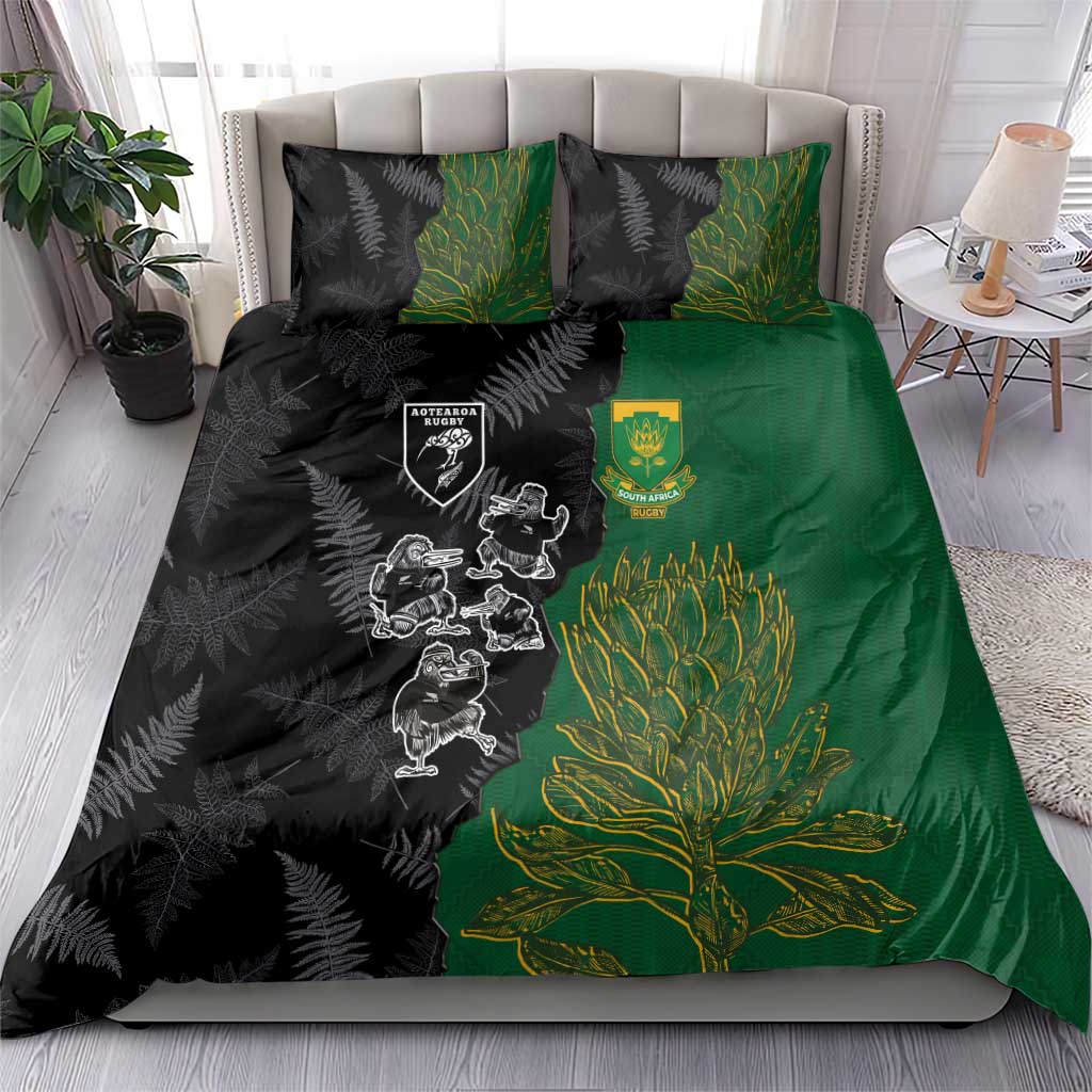Aotearoa South Africa Rugby Freedom Cup Bedding Set Kiwi Warriors Haka with King Protea Symbol LT03