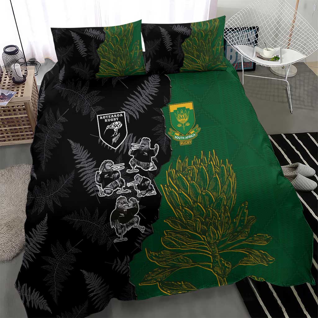 Aotearoa South Africa Rugby Freedom Cup Bedding Set Kiwi Warriors Haka with King Protea Symbol LT03