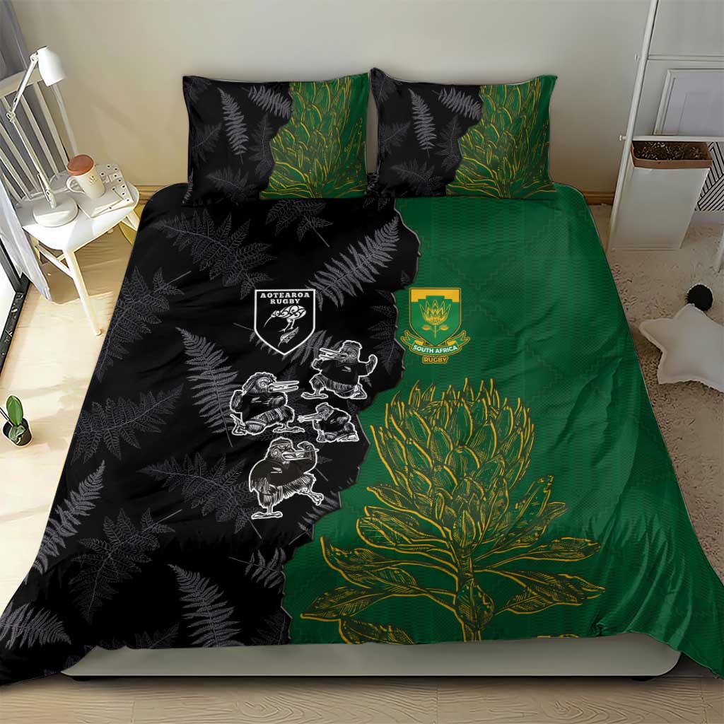 Aotearoa South Africa Rugby Freedom Cup Bedding Set Kiwi Warriors Haka with King Protea Symbol LT03