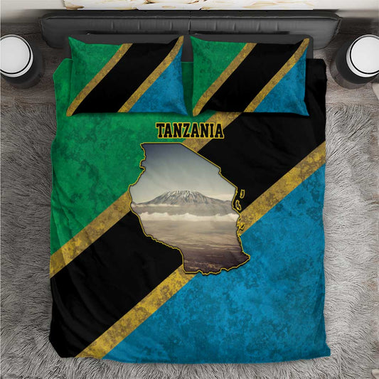 African Volcano Kilimanjaro Tanzania Bedding Set Grunge Flag Map of Tanzania LT9
