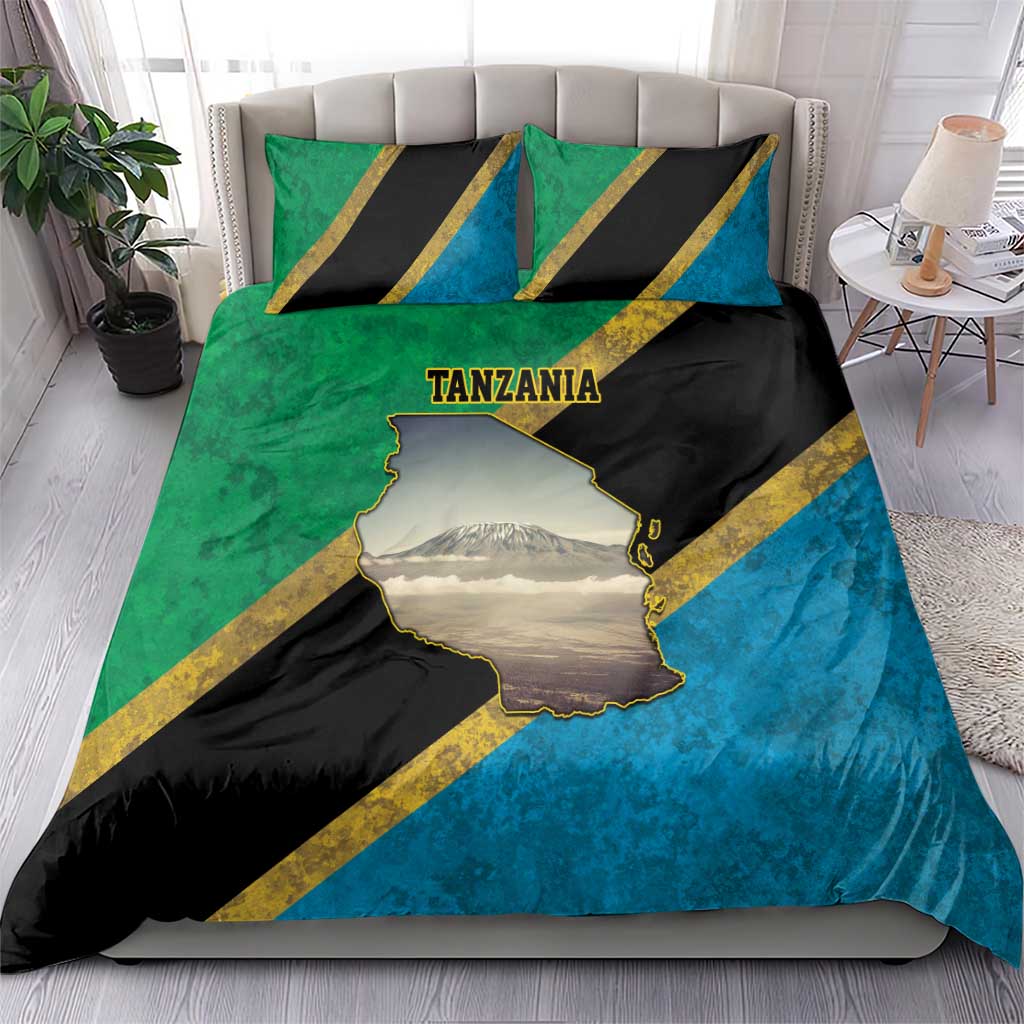 African Volcano Kilimanjaro Tanzania Bedding Set Grunge Flag Map of Tanzania LT9
