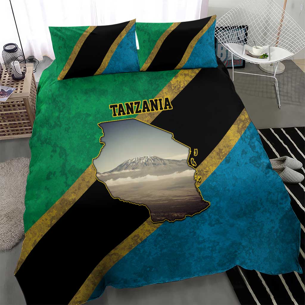 African Volcano Kilimanjaro Tanzania Bedding Set Grunge Flag Map of Tanzania LT9