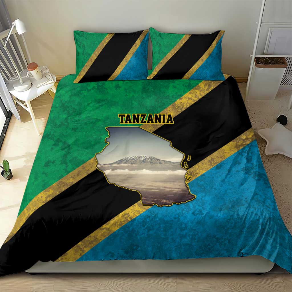 African Volcano Kilimanjaro Tanzania Bedding Set Grunge Flag Map of Tanzania LT9