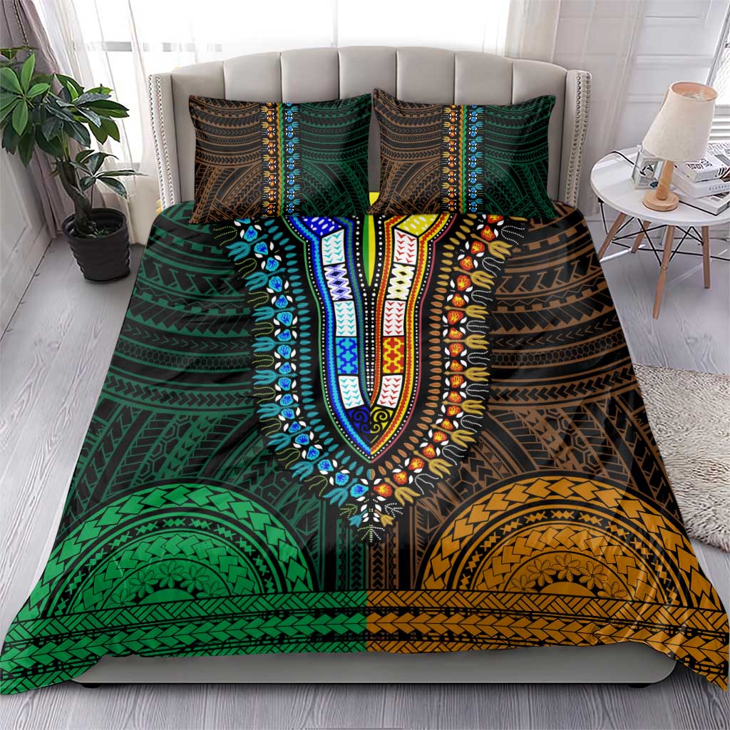 African Dashiki and Polynesian Pattern Bedding Set Half Green-Gold LT9