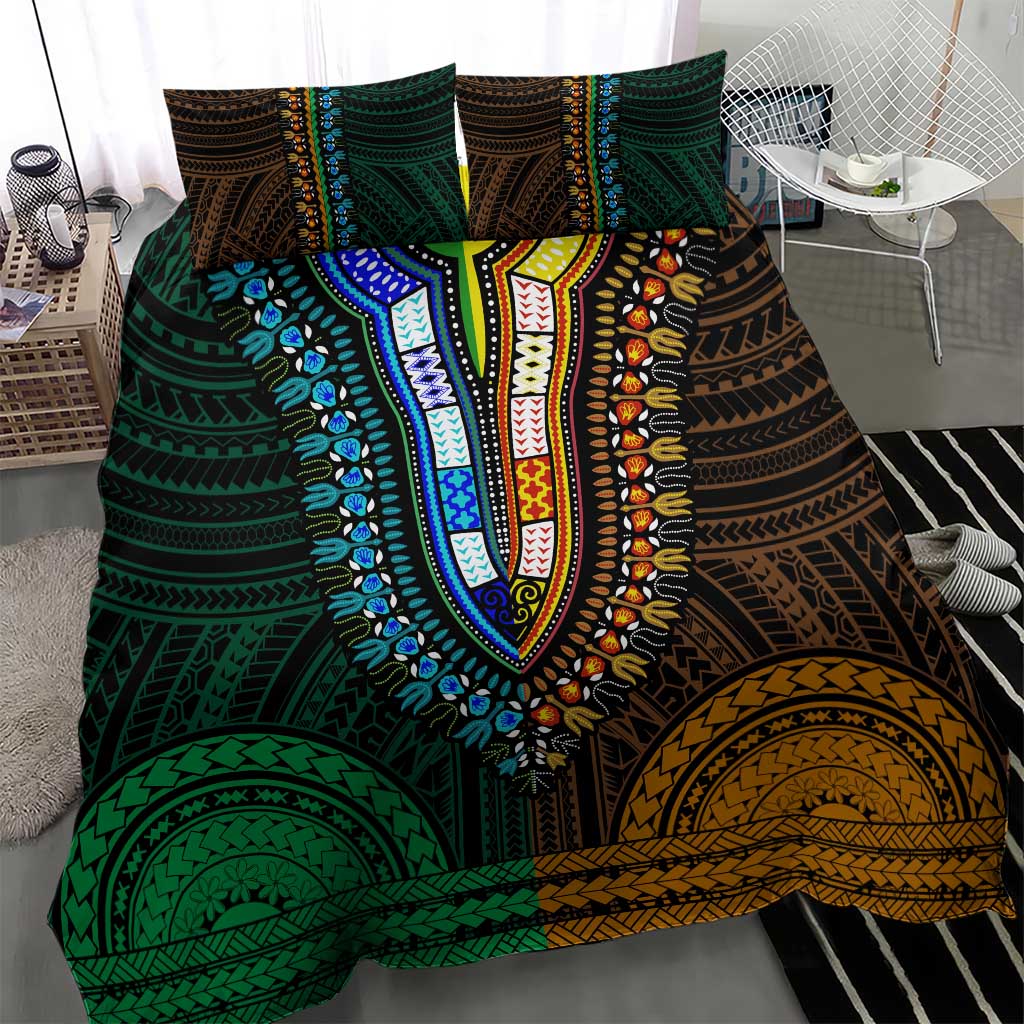 African Dashiki and Polynesian Pattern Bedding Set Half Green-Gold LT9