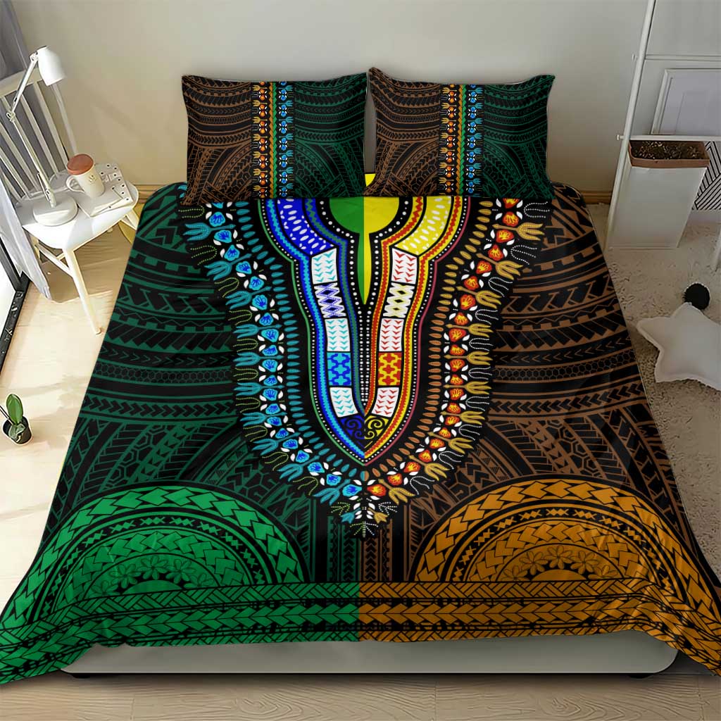 African Dashiki and Polynesian Pattern Bedding Set Half Green-Gold LT9
