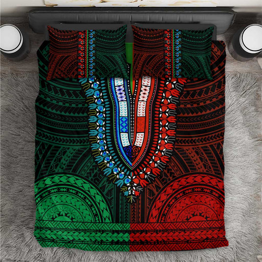 African Dashiki and Polynesian Pattern Bedding Set Half Green-Red LT9