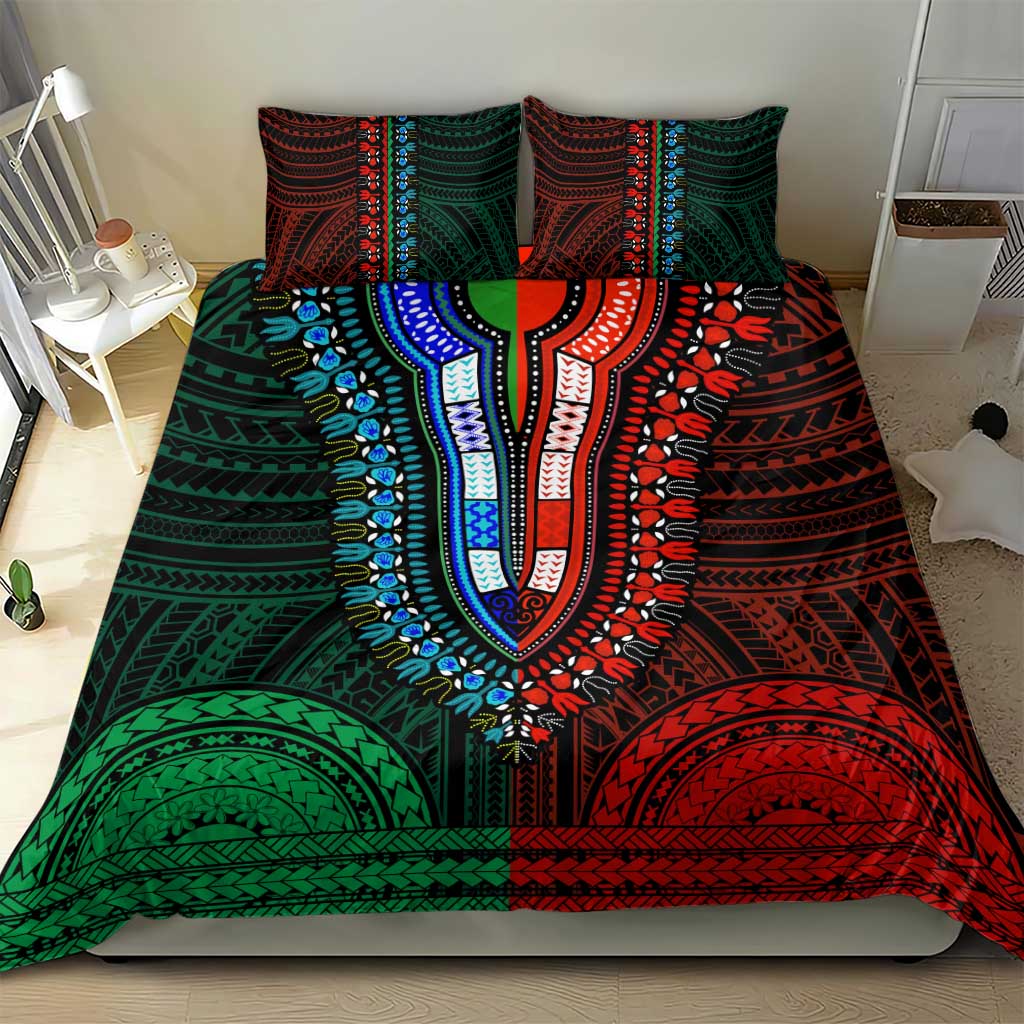 African Dashiki and Polynesian Pattern Bedding Set Half Green-Red LT9