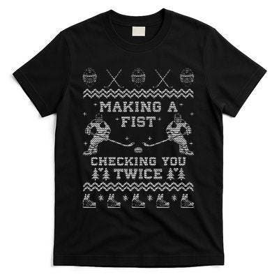 Making a fist checking you twice Hockey Xmas Gifts T-Shirt