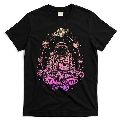 Meditating Astronaut Planets Colorful Lotus Women Meditation T-Shirt