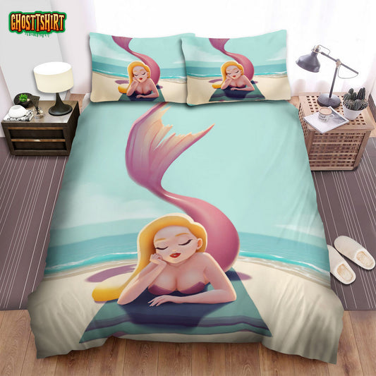 Mermaid Sunbathing On The Beach Bed Sheets Spread Duvet Cover Bedding Set