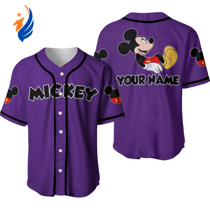 Custom Black Purple Mickey Mouse Baseball Jersey - Personalized Disney Design - Bafud