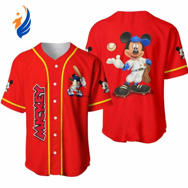 Disney Mickey Mouse Red Yellow Unisex Baseball Jersey - Perfect Gift for Cartoon Lovers - Bafud
