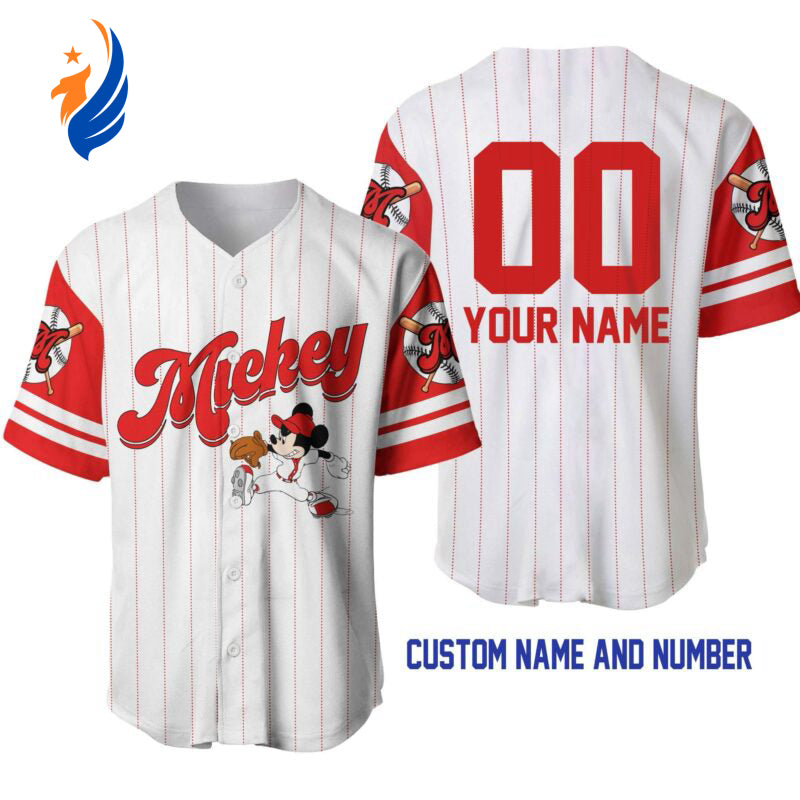Personalized Mickey Mouse White Red Disney Baseball Jersey – Customized for Disney Fans - Bafud
