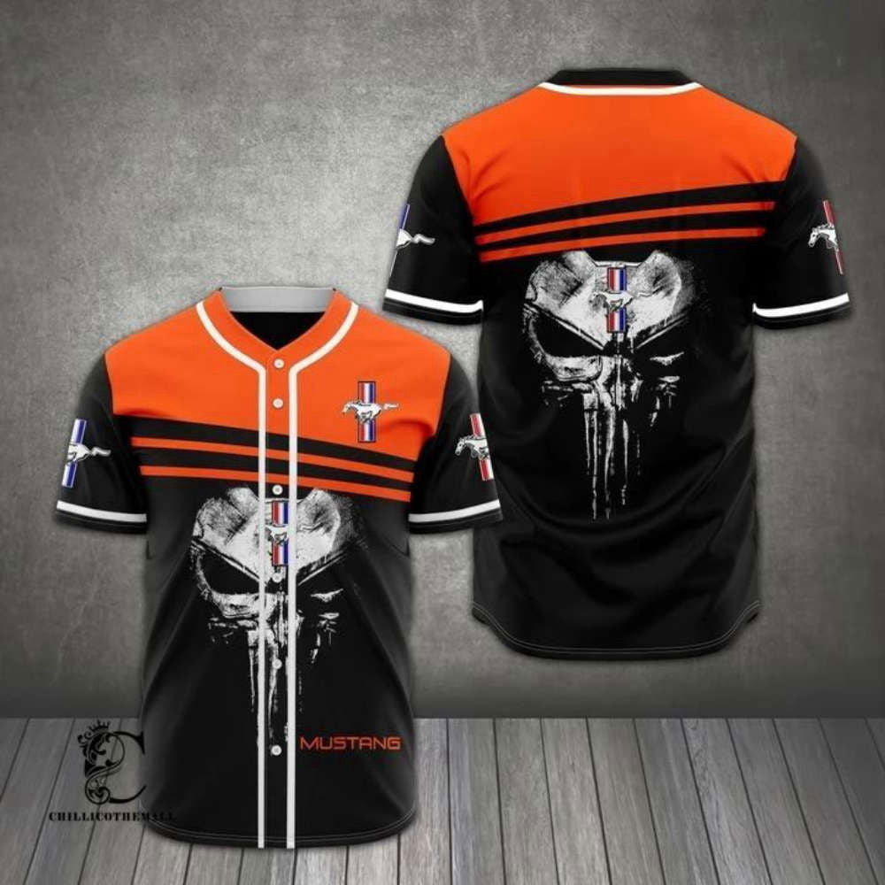 Mustang Skull Orange Black Baseball Jersey - Aopprinter