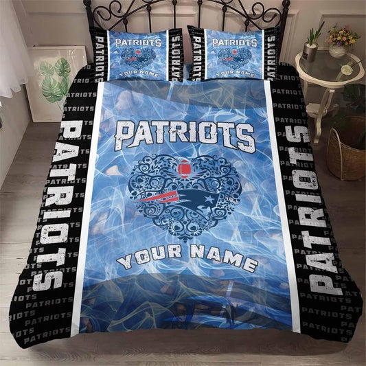 NFL New England Patriots Black Light Blue Heart Custom Name Bedding Set