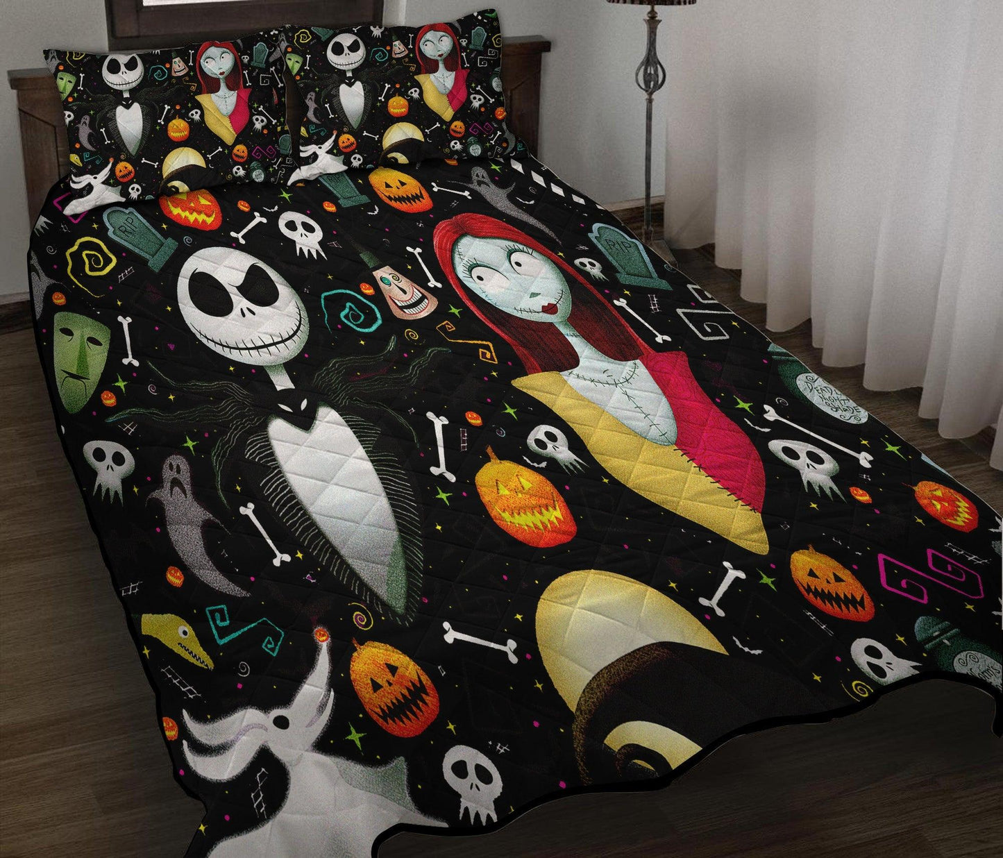 Personalized Jack and Sally  3-pc Quilt Bedding Set – Nightmare Before Christmas Decor