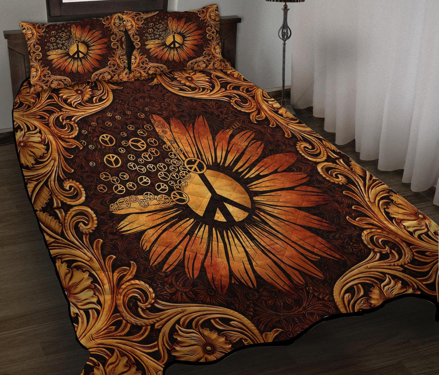 Personalized Sunflower Peace Sign Hippie 3-Piece Quilt Bedding Set for Bed Peace