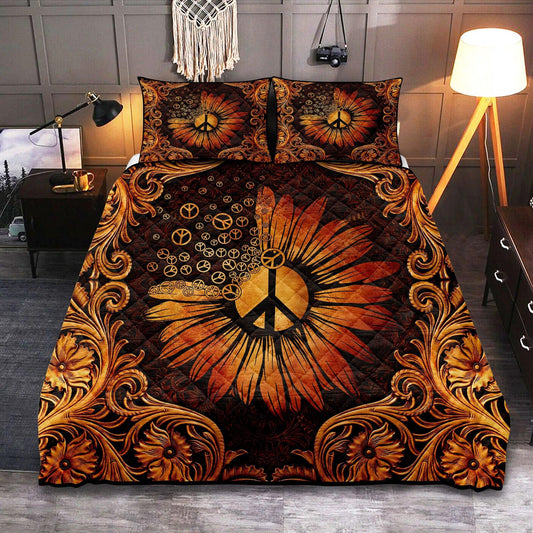 Personalized Sunflower Peace Sign Hippie 3-Piece Quilt Bedding Set for Bed Peace